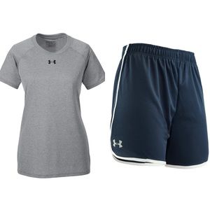 Under Armour Women’s Heatgear Tech Locker Tee Shirt & Shorts Set Outfit Sz S M